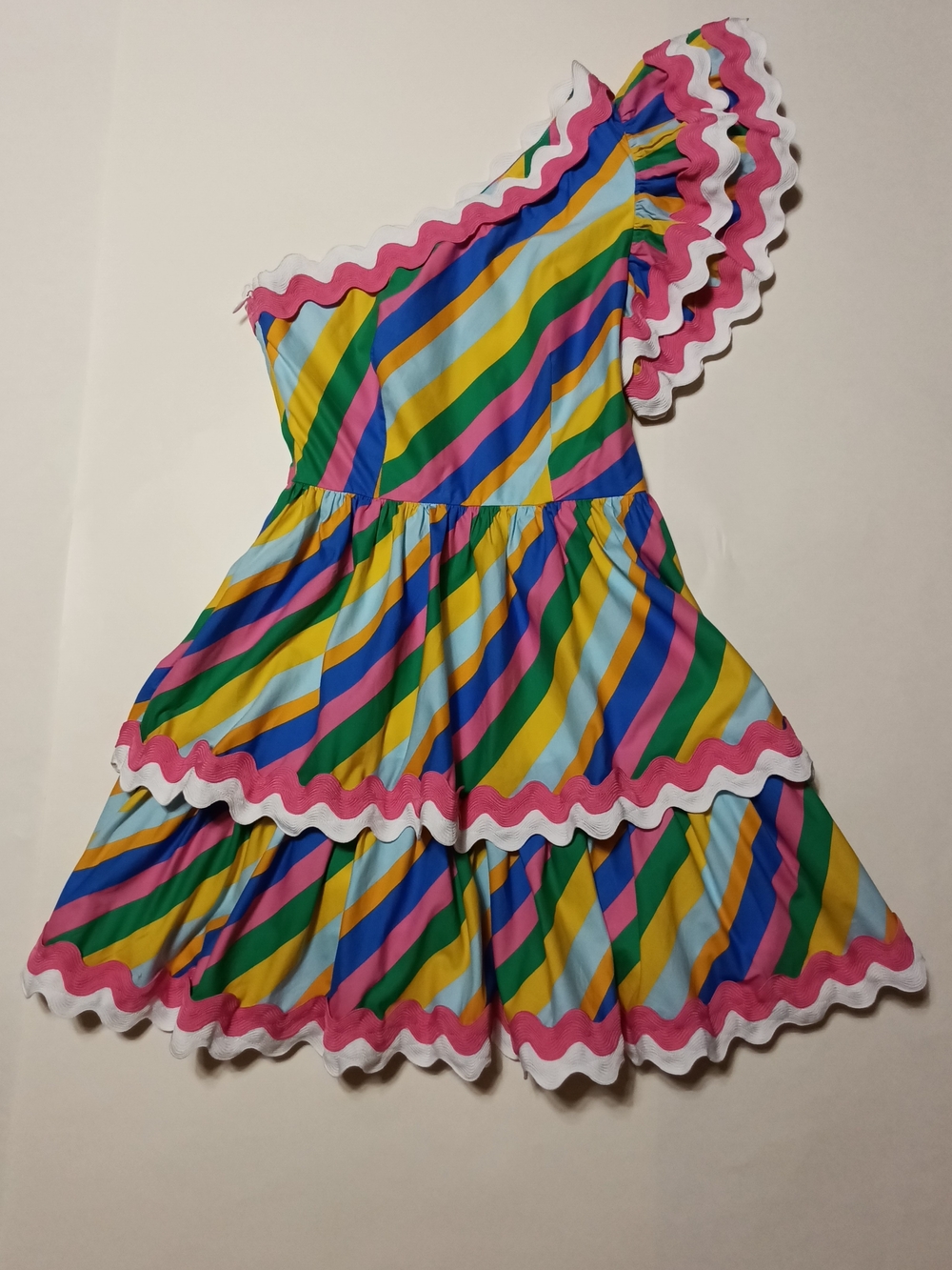 Sugarlips Rainbow Stripe One-Shoulder Tiered Rick Rack Mini Dress Size XS - Picture 2 of 12